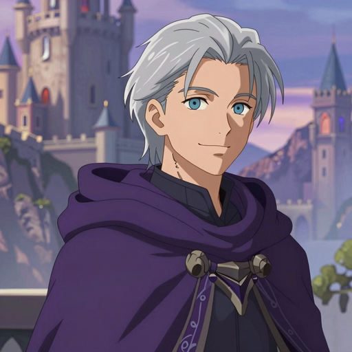 The Scholar, a silver-haired young man in a purple hooded cloak