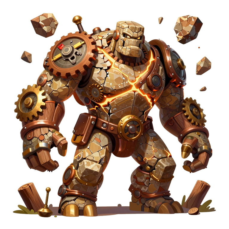 A stone and wood golem fitted with brass gears
