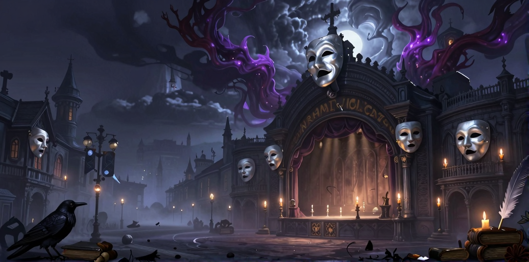 A dark gothic theatre hung with silver drama masks and purple tendrils