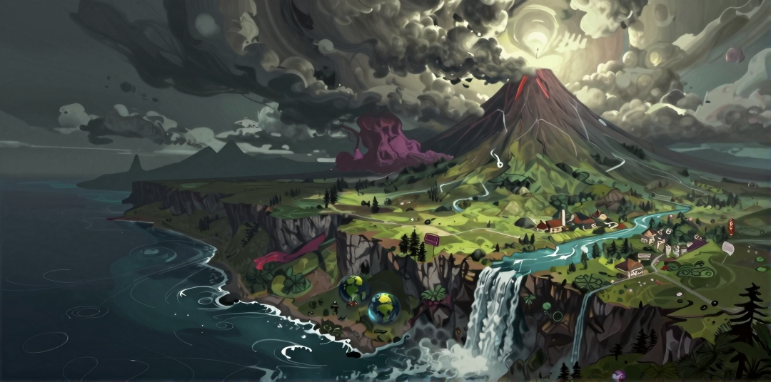 A stormy island with a smoking volcano, cliffs and a waterfall