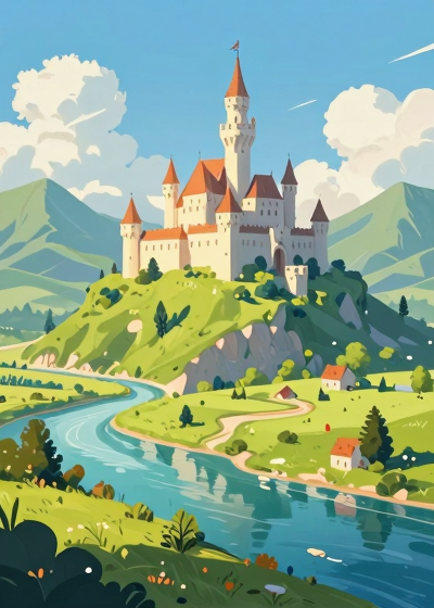 A bright castle on a green hill beside a winding river
