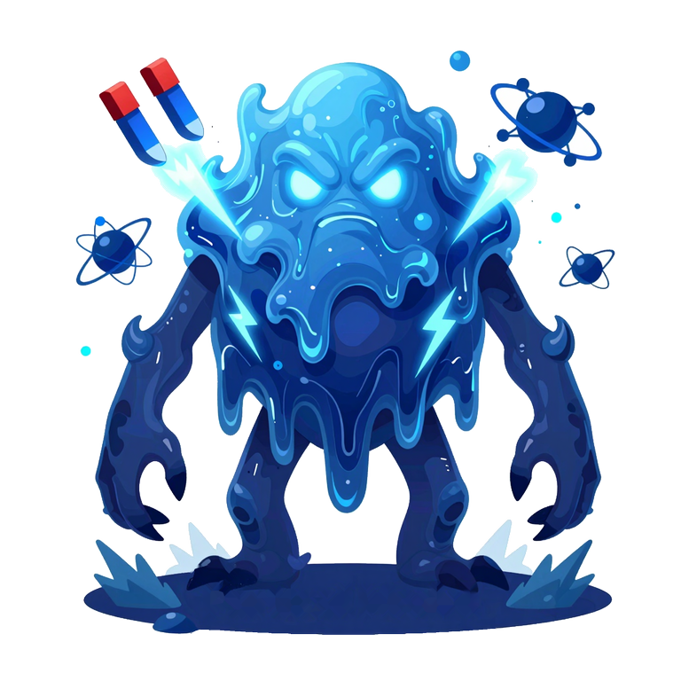 A dripping blue slime creature surrounded by atoms and magnets