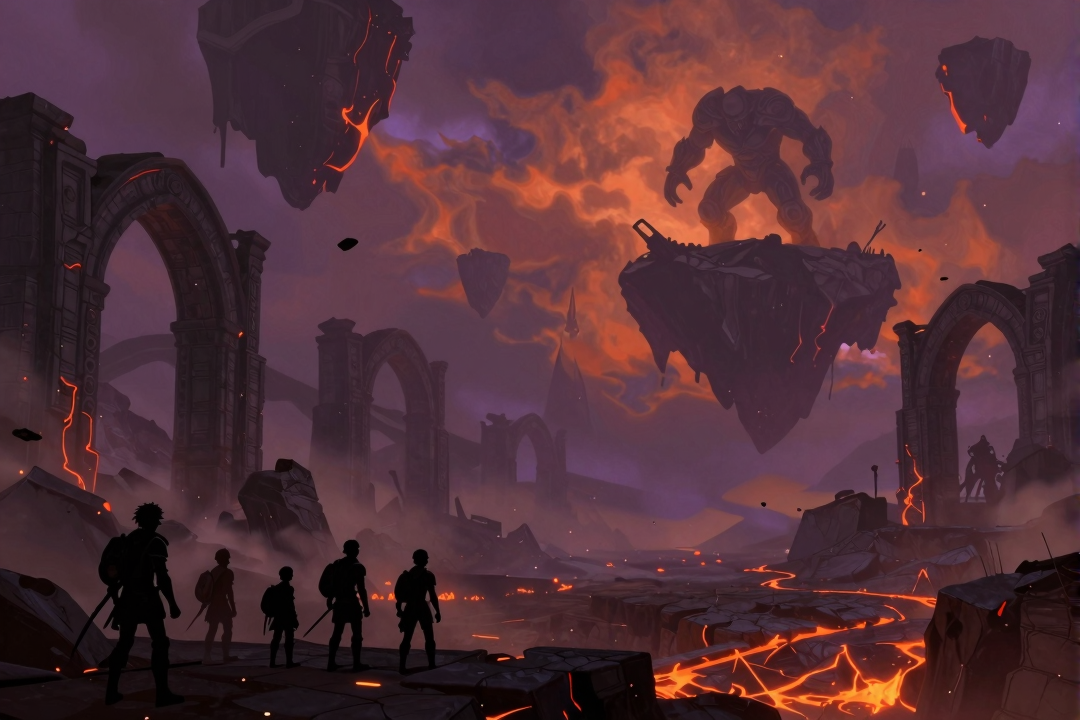 A group of raiders facing a giant stone boss in a ruined arena of lava and floating rocks