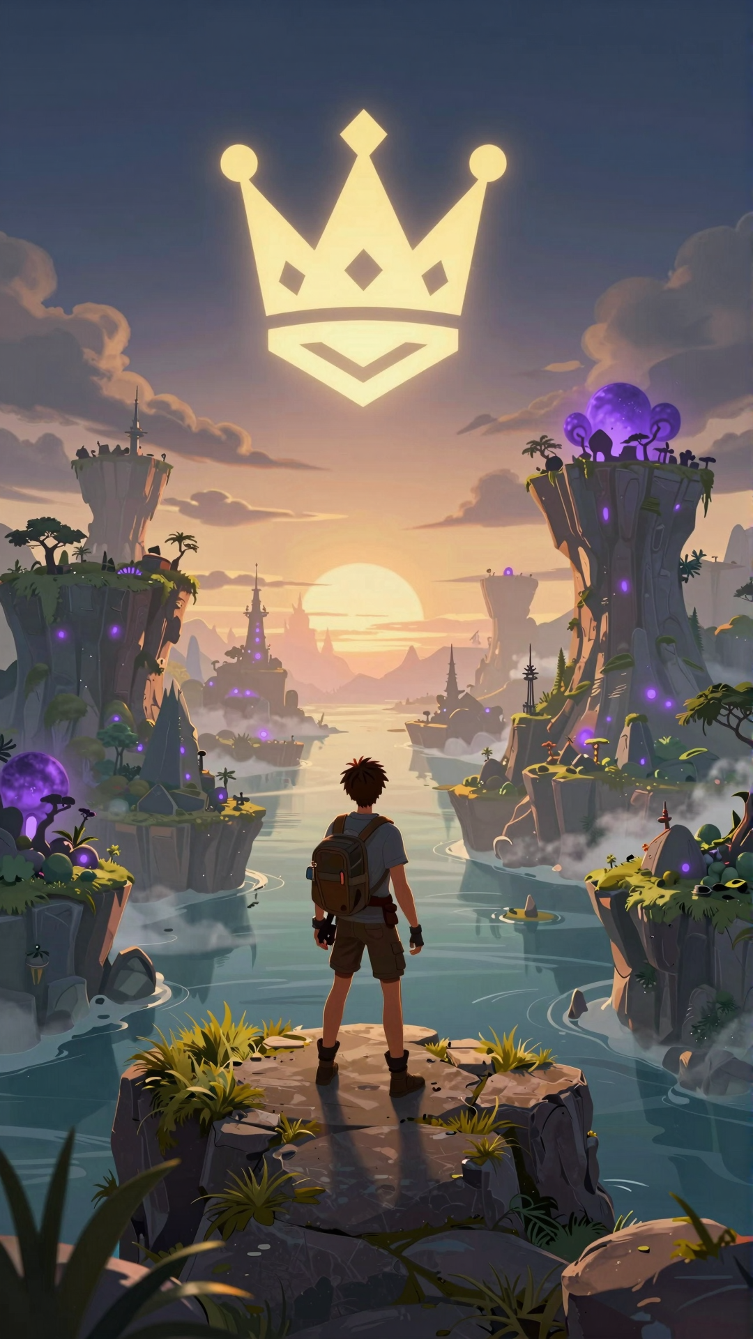 A young raider stands on a cliff looking out over foggy, corrupted islands beneath a glowing golden crown